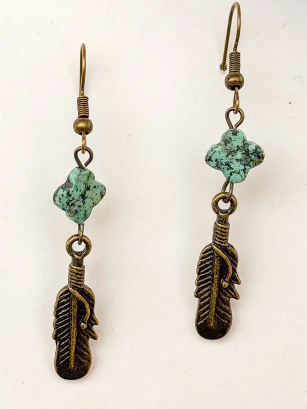 Braelyn African Turquoise Clover Bead Feather Drop Earrings